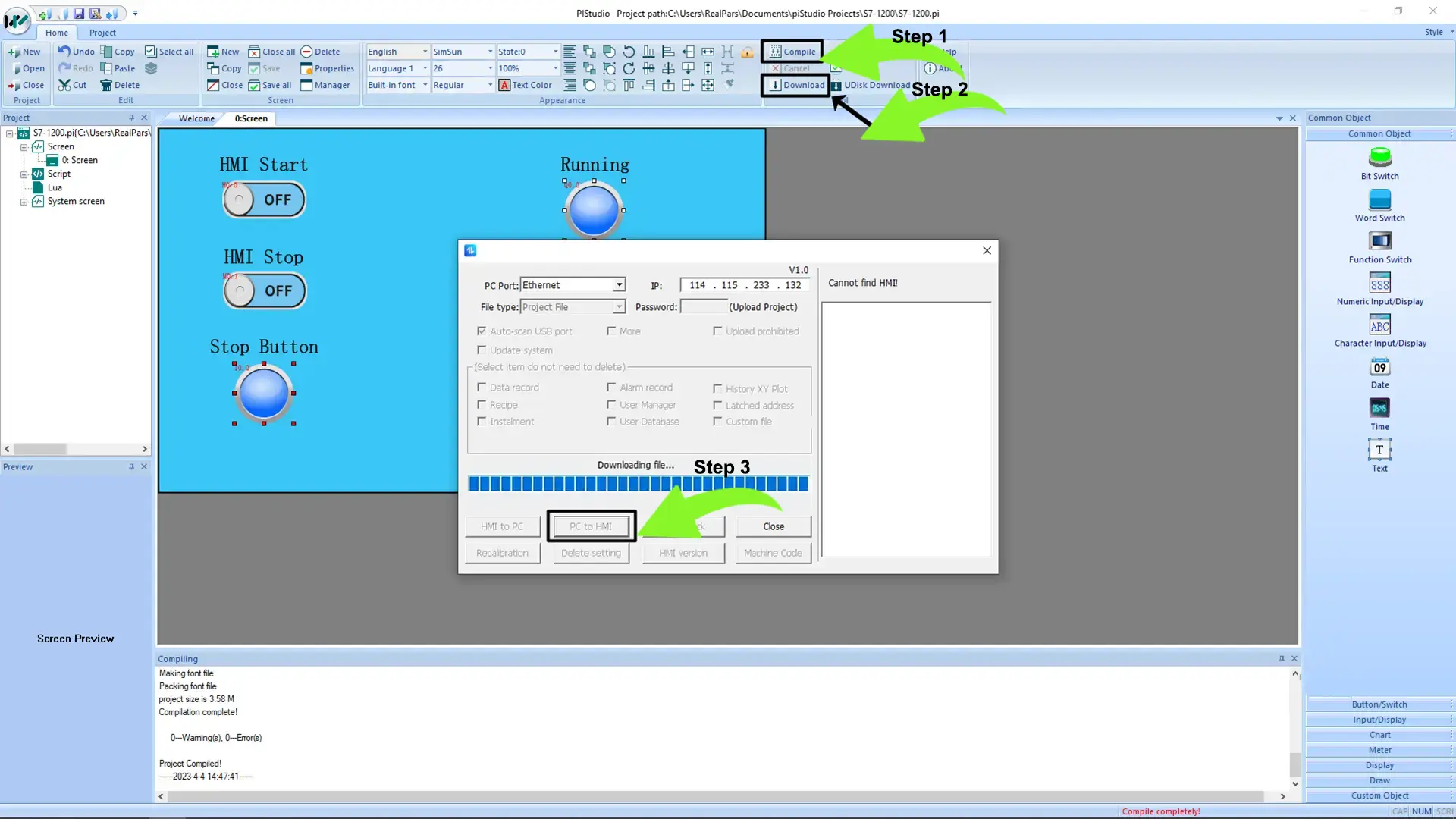 Compile-and-download-the-application-to-the-HMI-in-piStudio - plc - Siemens PLC